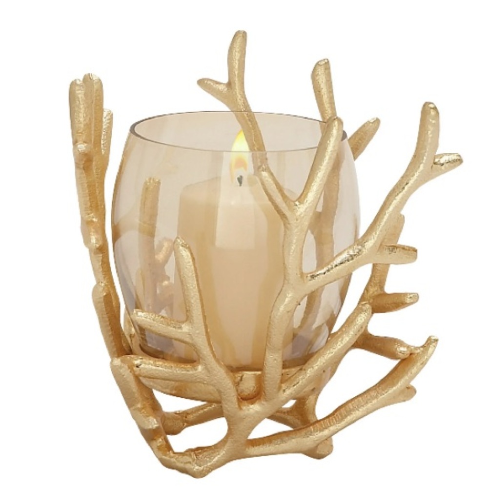 Gold Aluminum Pillar Hurricane Lamp Candle Holder with Coral Design